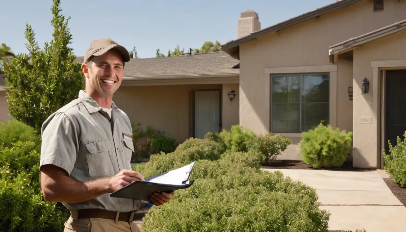A friendly pest control provider talking with a homeowner at the front door of a stucco ranch home in Palo Alto