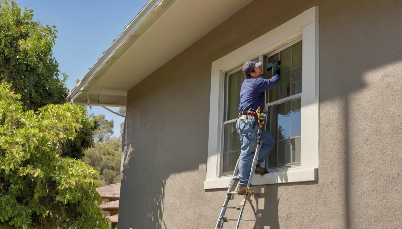 A local provider inspecting the roofline of a stucco ranch home in the Palo Alto area for animal entry points
